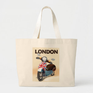 London vintage scooter union jack travel poster. large tote bag
