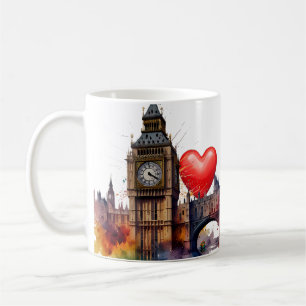 London Watercolour scene Red Hearts background. Coffee Mug