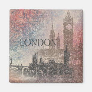 London with Parliament Red and Blue Vintage Magnet