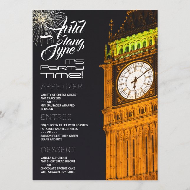 London's Big Ben, New Year's Eve Party Menu (Front)