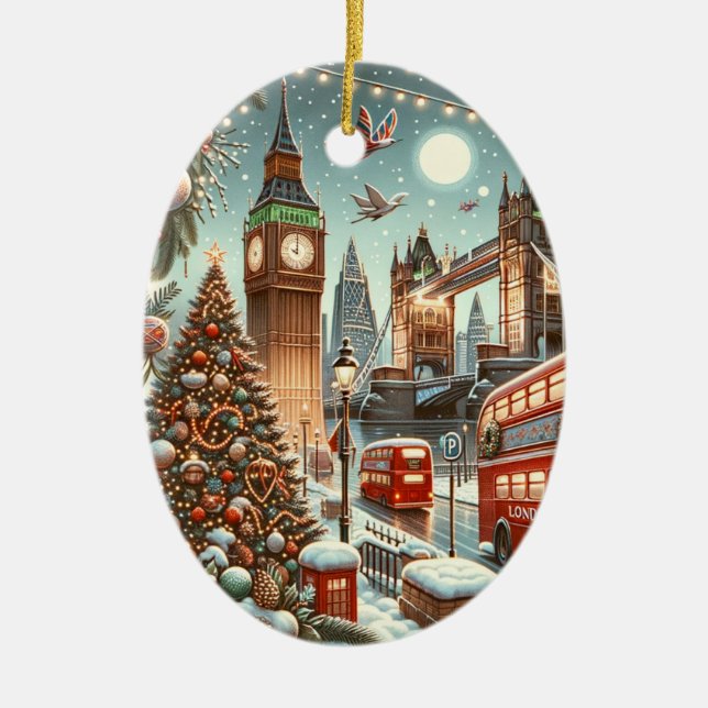 London's Festive Splendor - Vibrant Christmas Car Ceramic Ornament (Front)