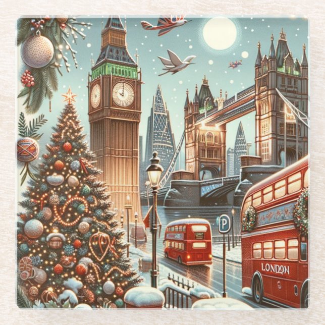 London's Festive Splendor - Vibrant Christmas Car Glass Coaster (Front)