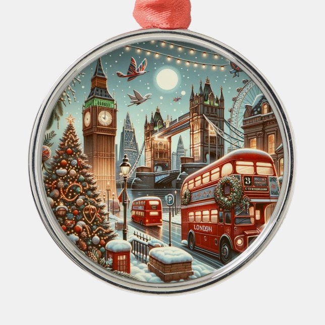 London's Festive Splendor - Vibrant Christmas Car Metal Ornament (Front)