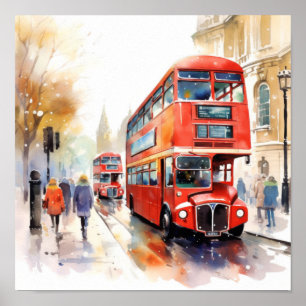  London's Iconic Red Double-Decker Buses, (E) Poster