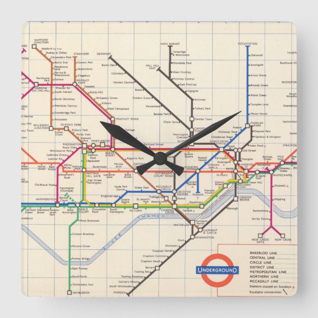 London's Underground Map Square Wall Clock (Front)