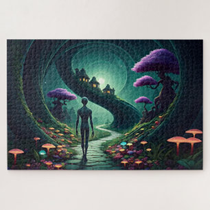Lone Alien walks the path thru an alien garden Jigsaw Puzzle