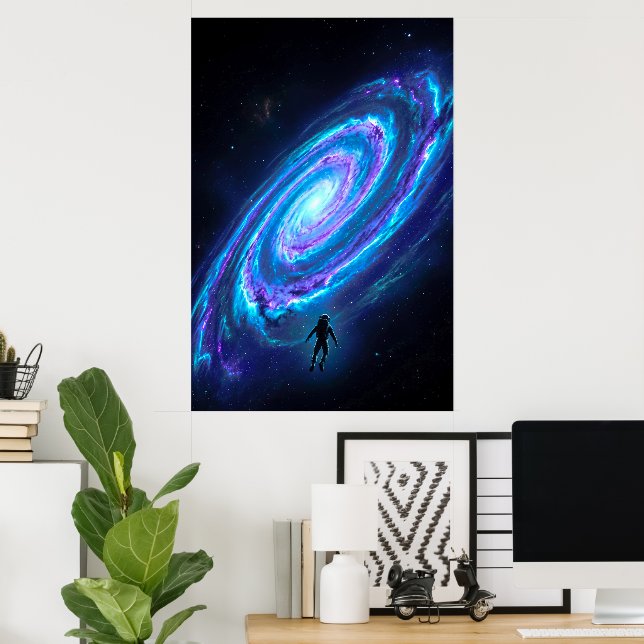 Lone Astronaut Glowing Cosmic Spiral Galaxy Poster (Home Office)