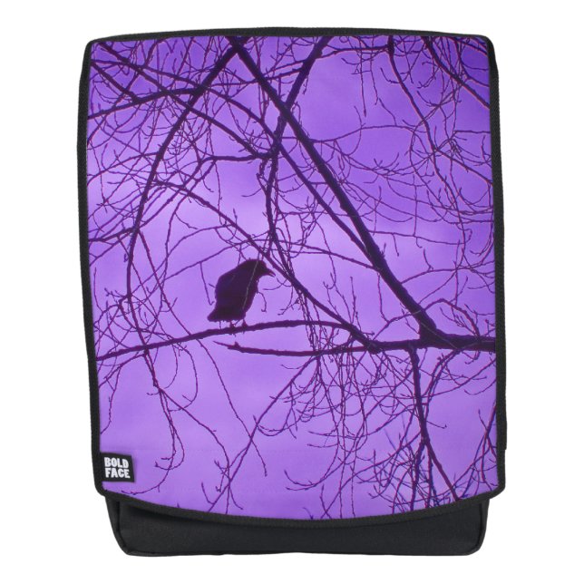 Lone Black Crow in Black Silhouette Tree Branches Backpack (Front)