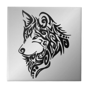 Lone Black Tribal Wolf Ceramic Tile