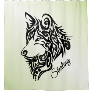Lone Black Tribal Wolf Personal Green Shower Curtain