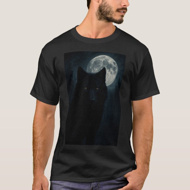 Lone Black Wolf Under Moonlight – Dark Forest T-Shirt (Front)