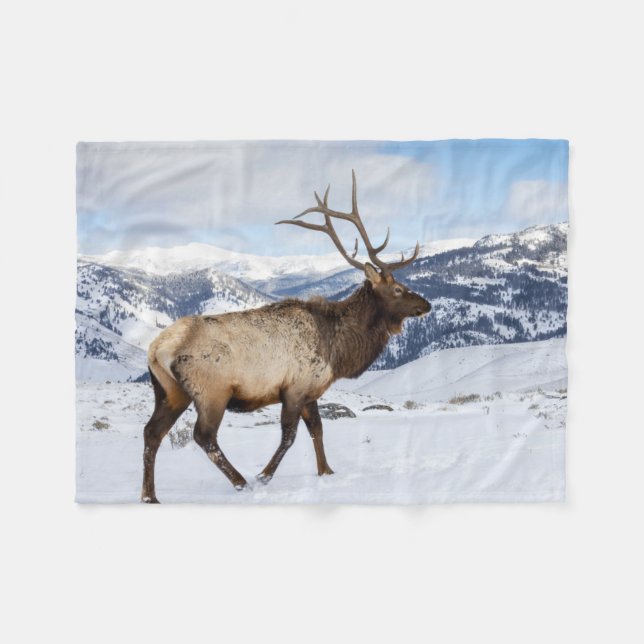 Lone Bull Elk | Yellowstone National Park Fleece Blanket (Front (Horizontal))