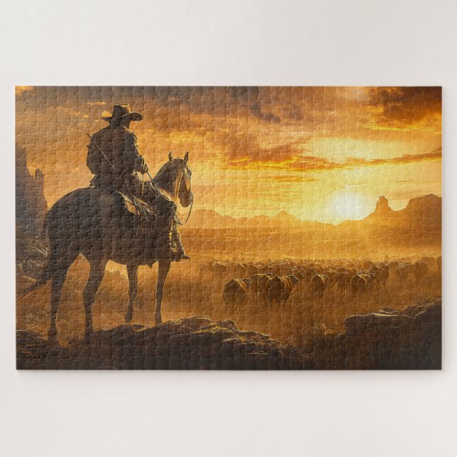 Lone Cowboy at Sunset Jigsaw Puzzle (Horizontal)
