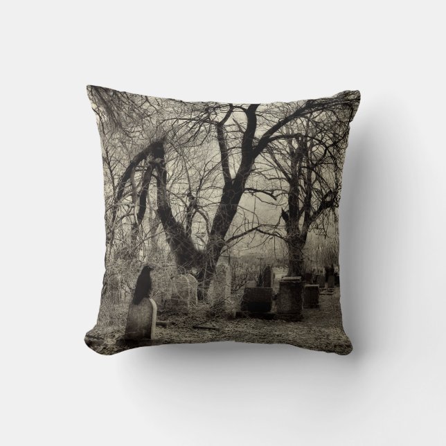 Lone Crow Sitting On A Tombstone Cushion (Front)