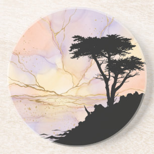 Lone Cypress Pebble Beach Dawn Alcohol Ink Coaster