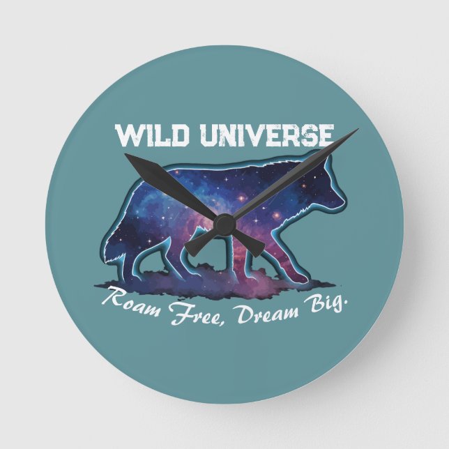 Lone Galaxy Wolf Silhouette (wild universe) Round Clock (Front)