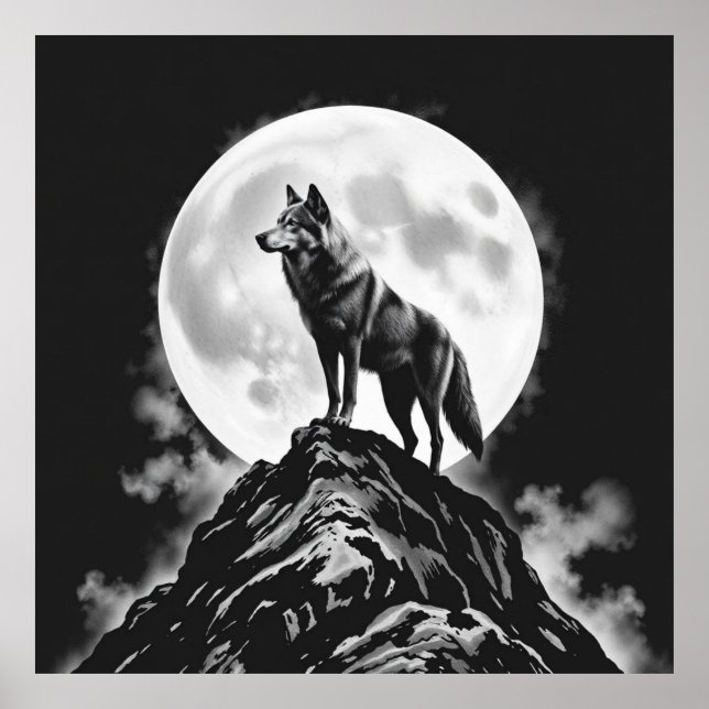Lone Howl: Wolf and Full Moon Charcoal Art Poster (Front)