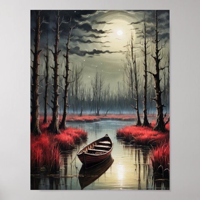 Lone little boat under moon light poster (Front)