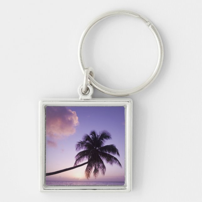 Lone palm tree at sunset, Coconut Grove beach Key Ring (Front)