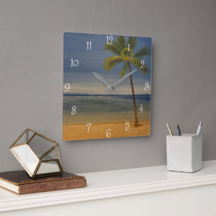 Lone Palm Tree on the Beach, by Gary Poling Square Wall Clock