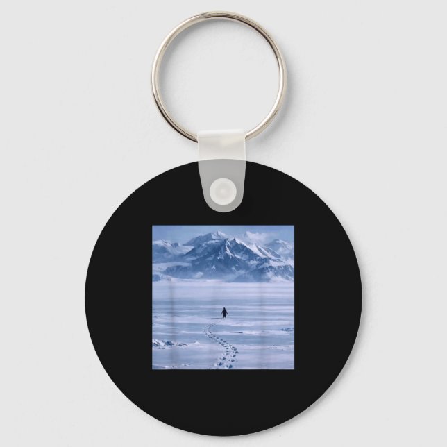 Lone Penguin Walking Toward Mountain Graphic Art Key Ring (Front)