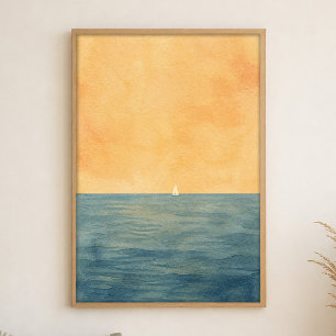 Lone Sail on the Horizon Watercolour Poster