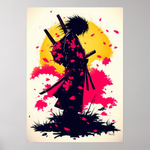 Lone Samurai Among Falling Sakura Poster