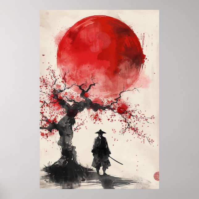 Lone Samurai – Red Sun Japanese Ink Art Poster (Front)