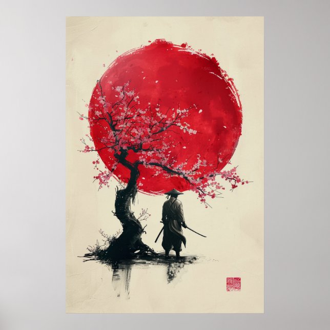Lone Samurai – Red Sun Japanese Ink Art Poster (Front)