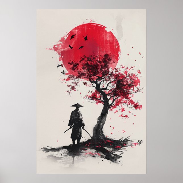  Lone Samurai – Red Sun Japanese Ink Art Poster (Front)