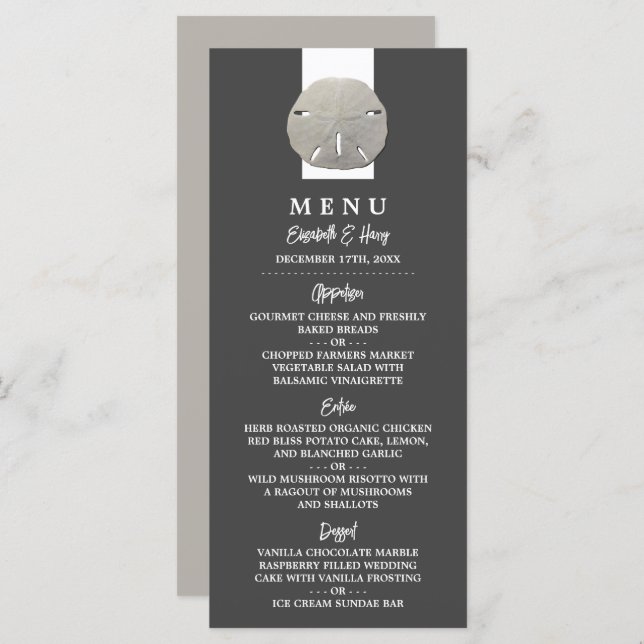 Lone Sand Dollar - Charcoal Gray - Beach Wedding Menu (Front/Back)