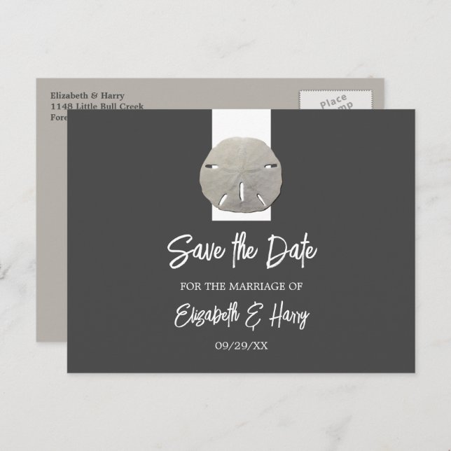Lone Sand Dollar - Charcoal Gray - Save the Date Announcement Postcard (Front/Back)