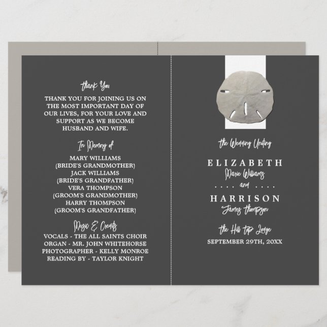 Lone Sand Dollar, Charcoal Gray, Wedding Programme (Front/Back)