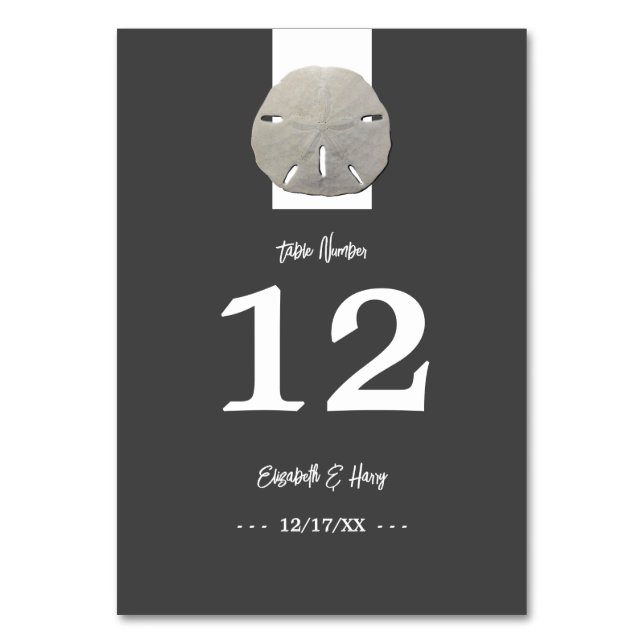 Lone Sand Dollar, Charcoal Gray, Wedding Table Number (Front)