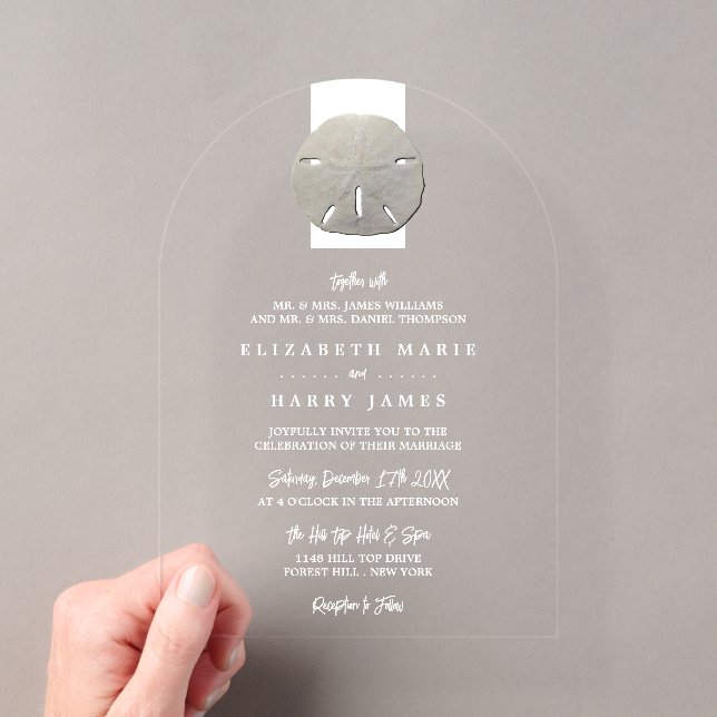 Lone Sand Dollar - Charcoal Grey - Beach Wedding Acrylic Invitations (Insitu (Handheld))
