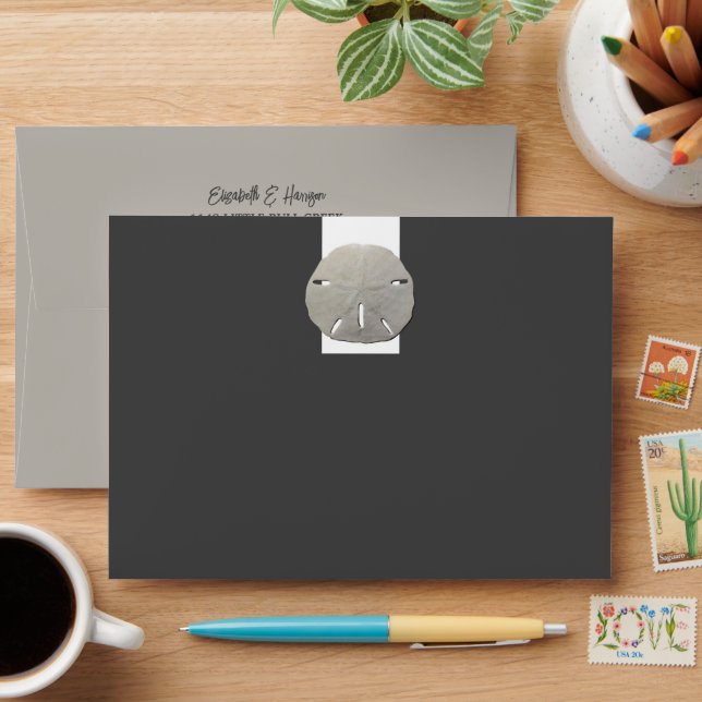 Lone Sand Dollar - Charcoal Grey - Beach Wedding Envelope (Desk)