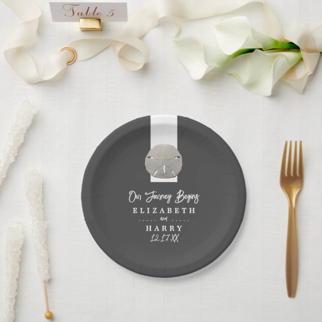 Lone Sand Dollar - Charcoal Grey - Beach Wedding Paper Plate (Wedding)
