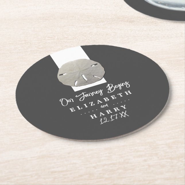 Lone Sand Dollar - Charcoal Grey - Beach Wedding Round Paper Coaster (Angled)