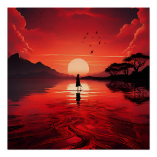 Lone Silhouette at Red Sunset – Serene Reflection Poster