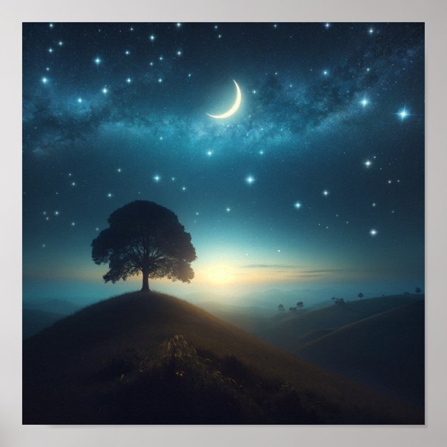 Lone Tree Beneath Starry Night Poster (Front)