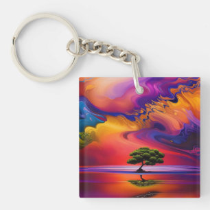 Lone Tree in Water colorful sky Key Ring