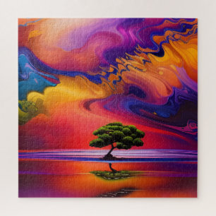 Lone Tree in Water colourful sky Jigsaw Puzzle