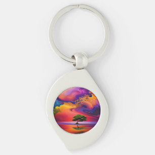 Lone Tree in Water colourful sky Key Ring