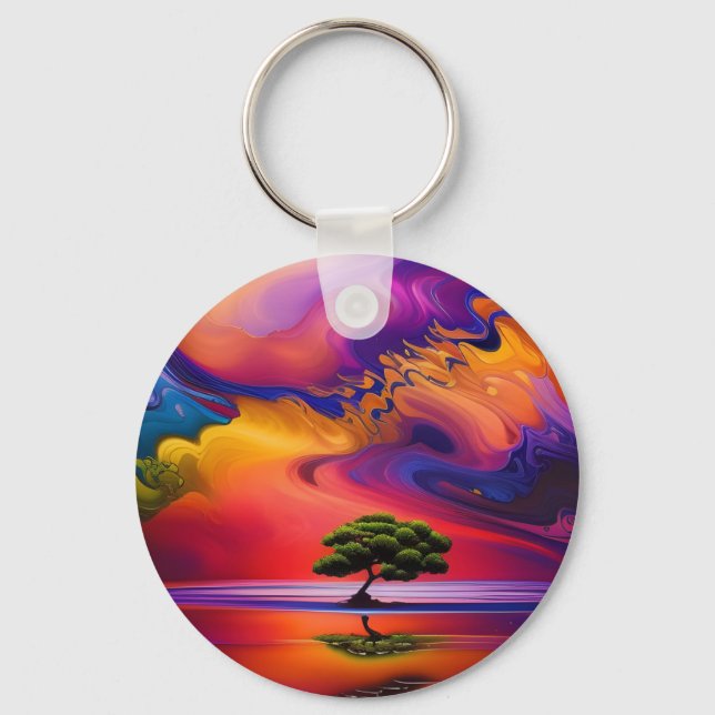 Lone Tree in Water colourful sky Key Ring (Front)