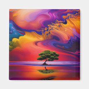 Lone Tree in Water colourful sky Magnet