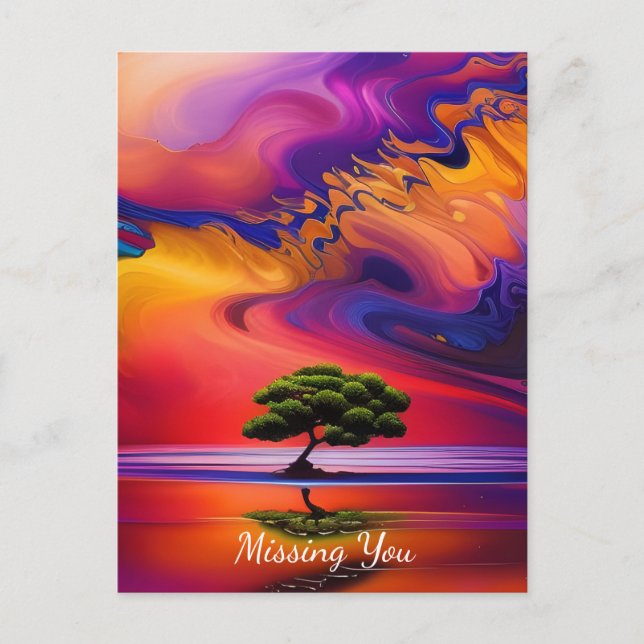Lone Tree in Water colourful sky -Missing You Postcard (Front)