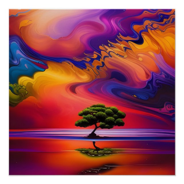 Lone Tree in Water colourful sky Poster (Front)