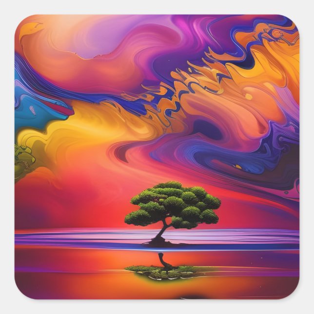 Lone Tree in Water colourful sky Square Sticker (Front)