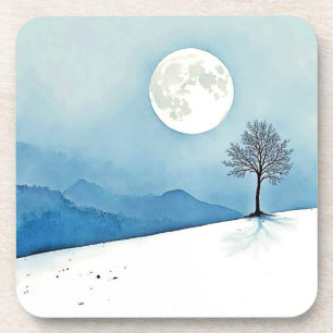Lone Tree: Serene Full Moon Silence Art Coaster