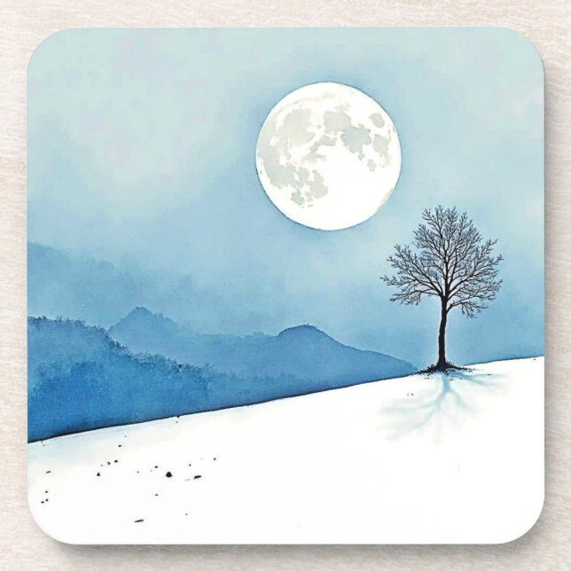 Lone Tree: Serene Full Moon Silence Art Coaster (Front)